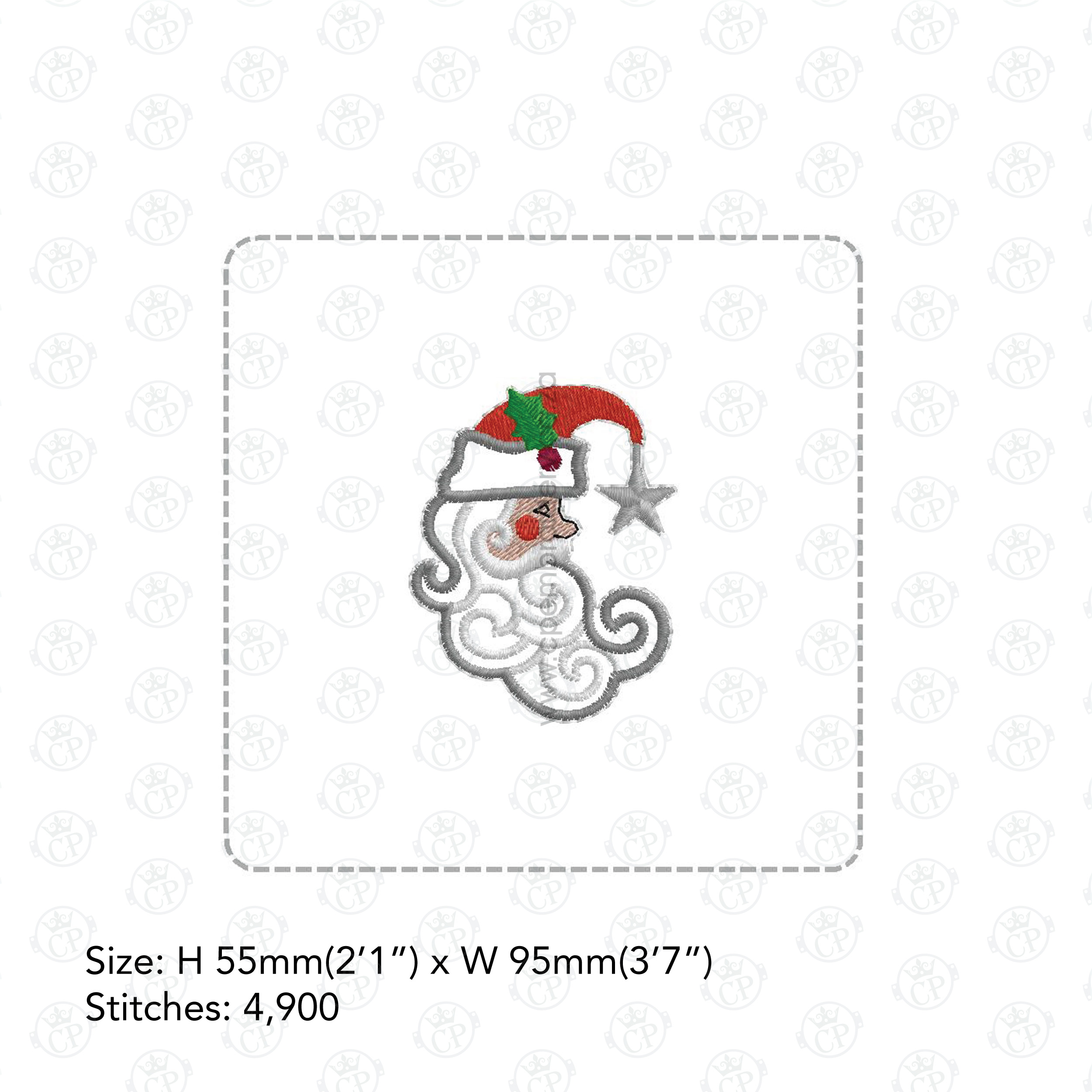 Santa side profile face mistletoe red hat Santa Clause white beard red cheek silver star hat shoe fits 4"x4" hoop