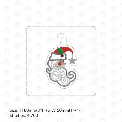 Santa side profile face mistletoe red hat Santa Clause white beard red cheek silver star hat baggage tag suitcase tag 4" x 4" hoop