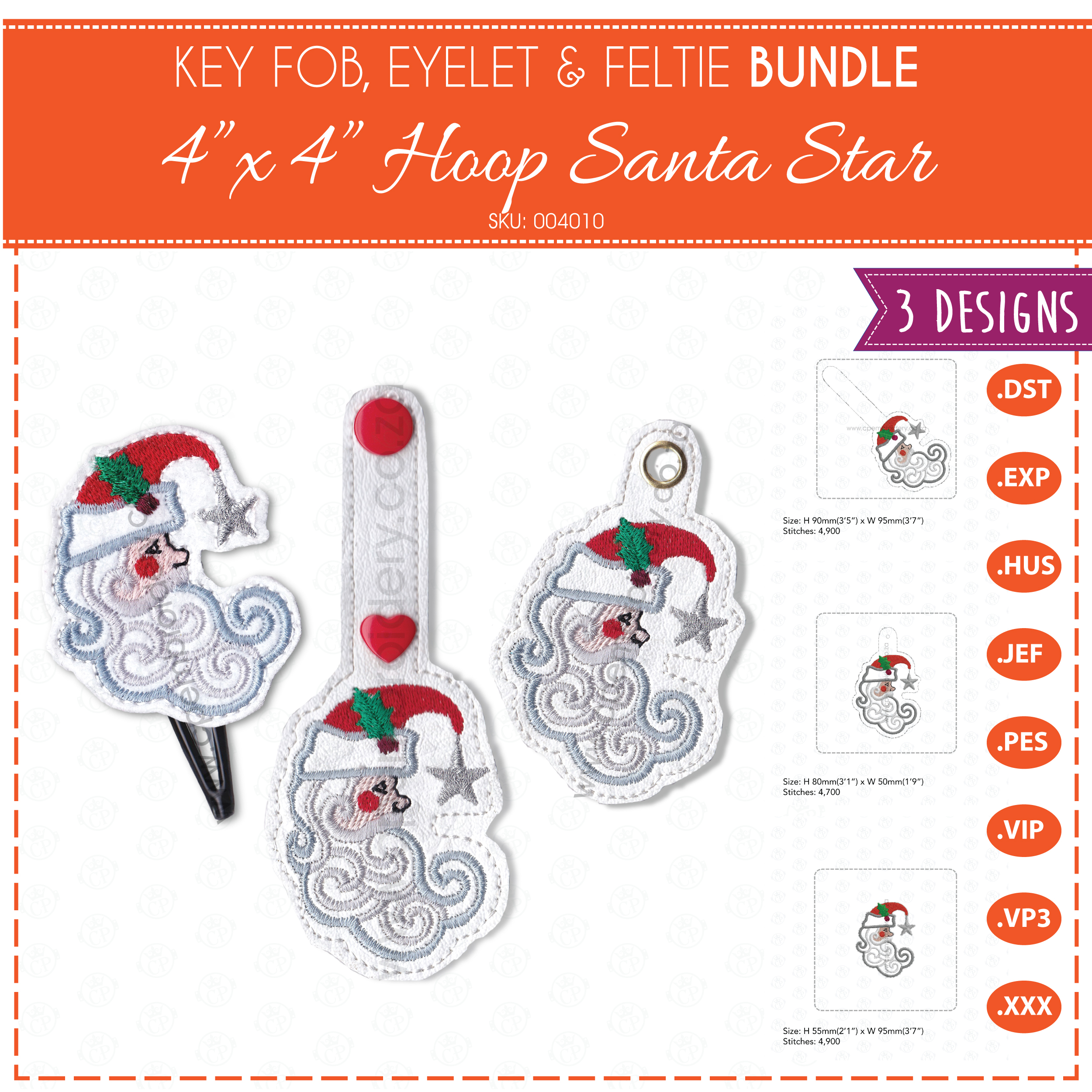 Santa side profile face mistletoe red hat Santa Clause white beard red cheek silver star key fob snap tab baggage tag schoolbag tag eyelet feltie in the hoop ITH embroidery design 4" x 4" hoop