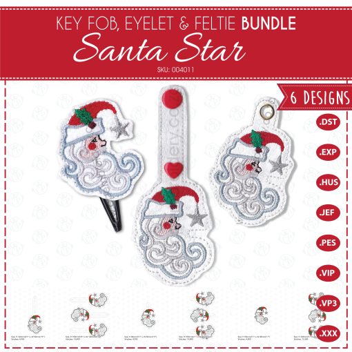 Santa side profile face mistletoe red hat Santa Clause white beard red cheek silver star key fob snap tab baggage tag schoolbag tag eyelet feltie in the hoop ITH embroidery design