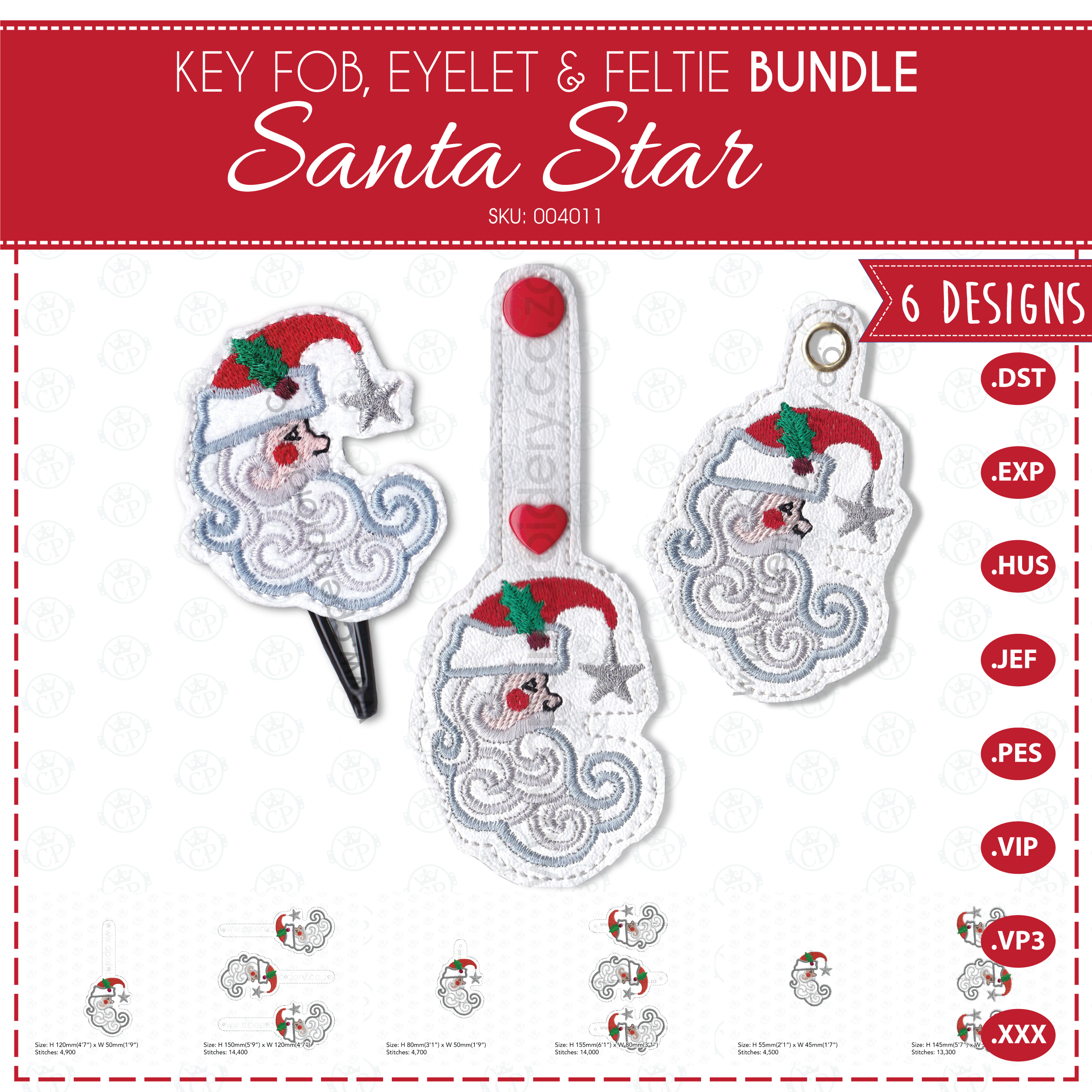 Santa side profile face mistletoe red hat Santa Clause white beard red cheek silver star key fob snap tab baggage tag schoolbag tag eyelet feltie in the hoop ITH embroidery design