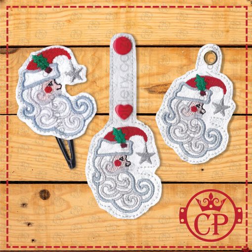 Santa side profile face mistletoe red hat Santa Clause white beard red cheek silver star key fob snap tab baggage tag schoolbag tag eyelet feltie in the hoop ITH embroidery design mockup
