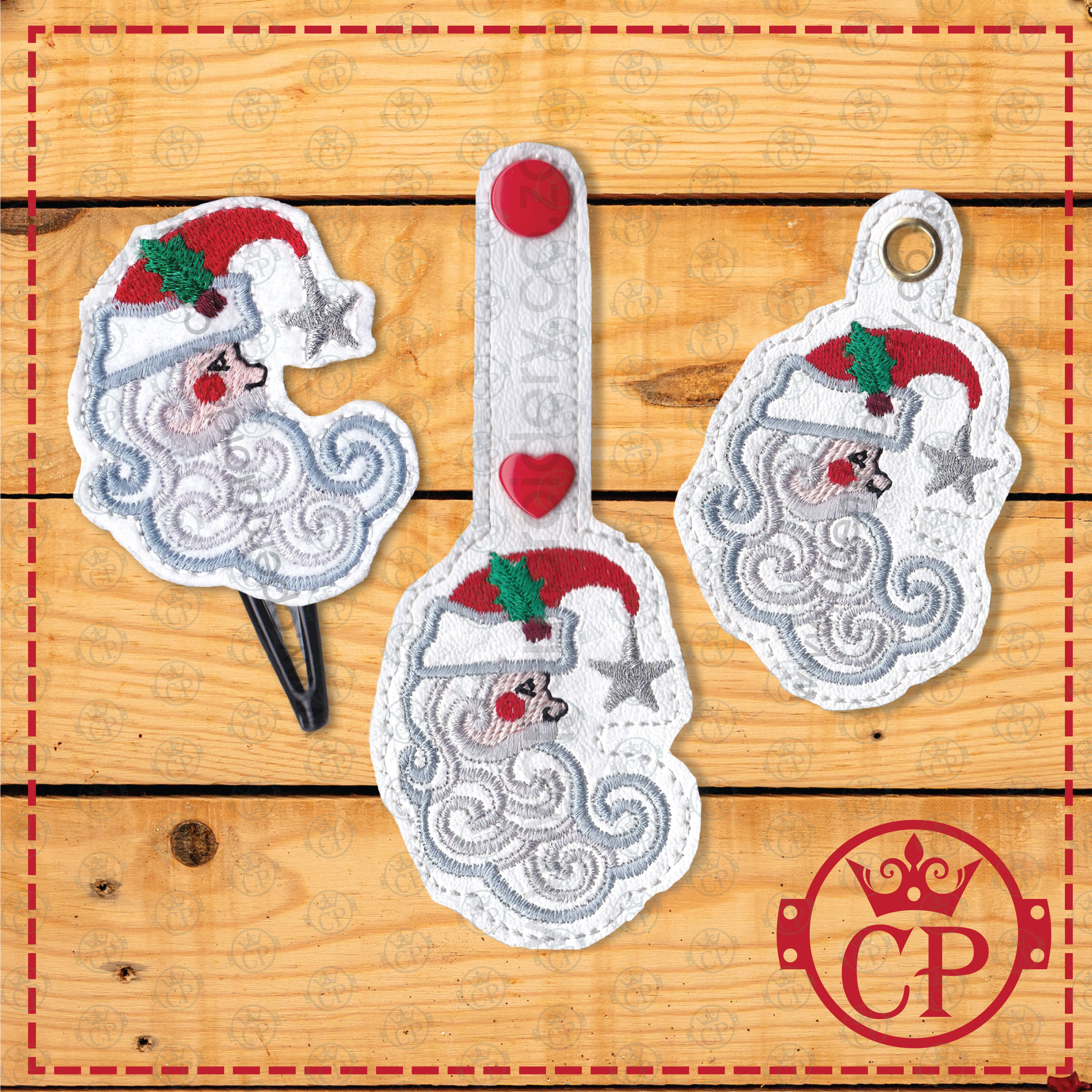 Santa side profile face mistletoe red hat Santa Clause white beard red cheek silver star key fob snap tab baggage tag schoolbag tag eyelet feltie in the hoop ITH embroidery design mockup