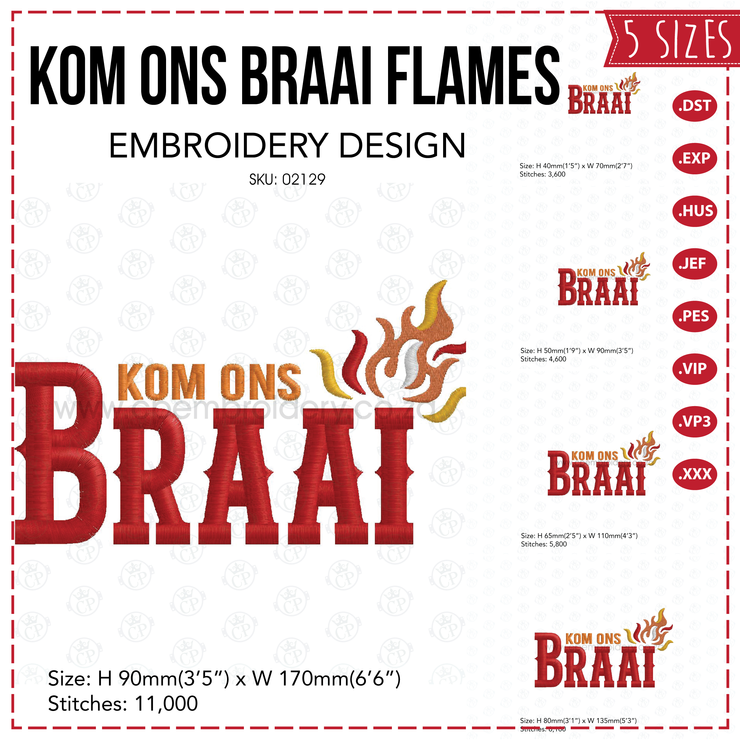 afrikaans red words braai big flames vlamme on i south african bbq embroidery design borduuronwerp sizes size set pack