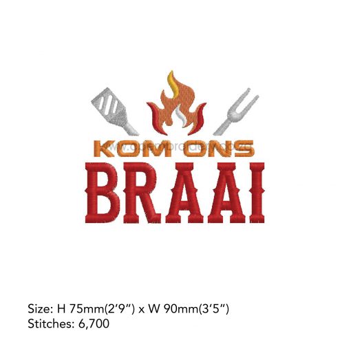 afrikaans red words braai 3 flames fork spatula vurk spaan south african bbq embroidery design borduuronwerp 4"