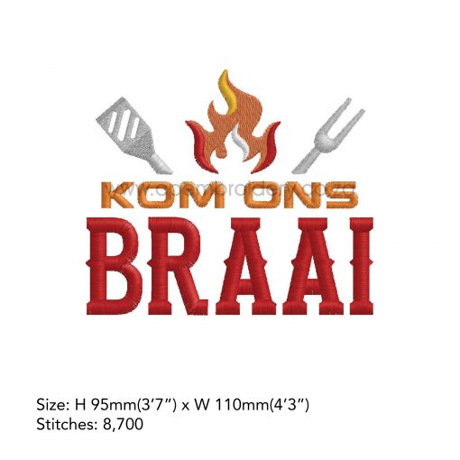 afrikaans red words braai 3 flames fork spatula vurk spaan south african bbq embroidery design borduuronwerp 5x7"