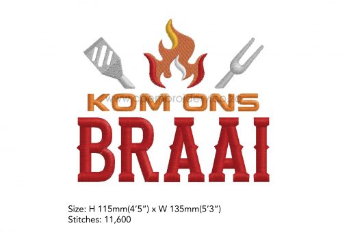 afrikaans red words braai 3 flames fork spatula vurk spaan south african bbq embroidery design borduuronwerp 6x10"