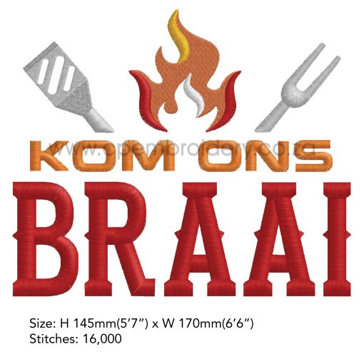 afrikaans red words braai 3 flames fork spatula vurk spaan south african bbq embroidery design borduuronwerp 8x8"