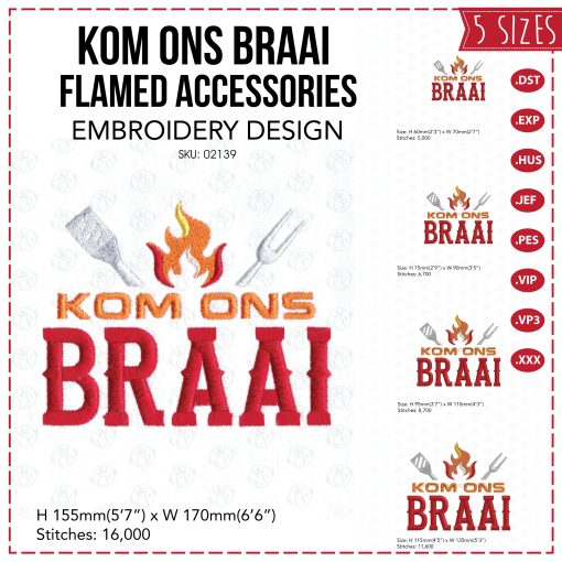 afrikaans red words braai 3 flames fork spatula vurk spaan south african bbq embroidery design borduuronwerp size set