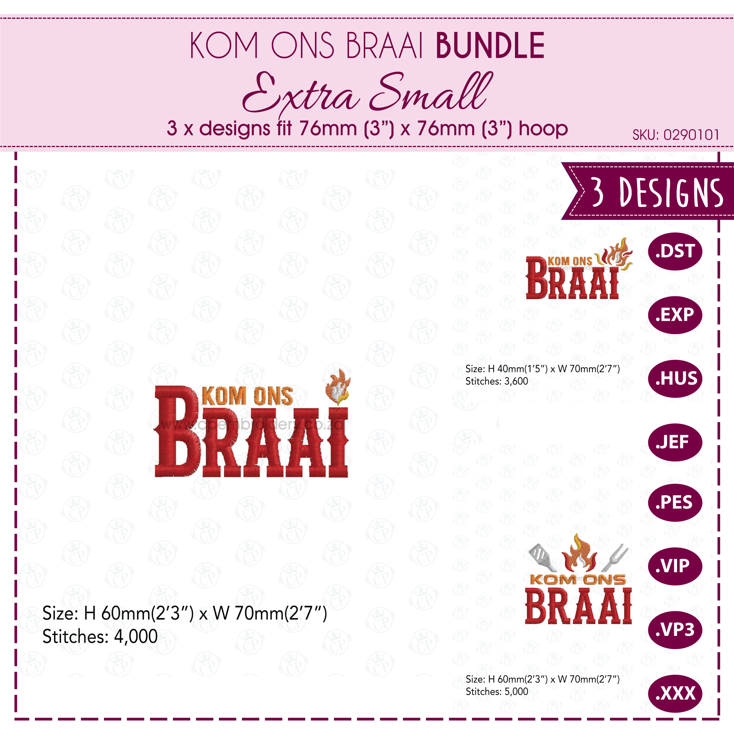 Kom Ons Braai machine embroidery design bundle – Extra Small size. Includes three Afrikaans braai-themed embroidery designs that fit a 3x3 inch hoop, shown stitched on red and black fabric with bold red ‘BRAAI’ lettering, yellow ‘Kom Ons’ text, and a small flame icon.