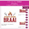 Kom Ons Braai machine embroidery design bundle – Medium size. Includes three Afrikaans braai-themed embroidery designs that fit a 5x7inch hoop, shown stitched on red and black fabric with bold red ‘BRAAI’ lettering, yellow ‘Kom Ons’ text, and a small flame icon.