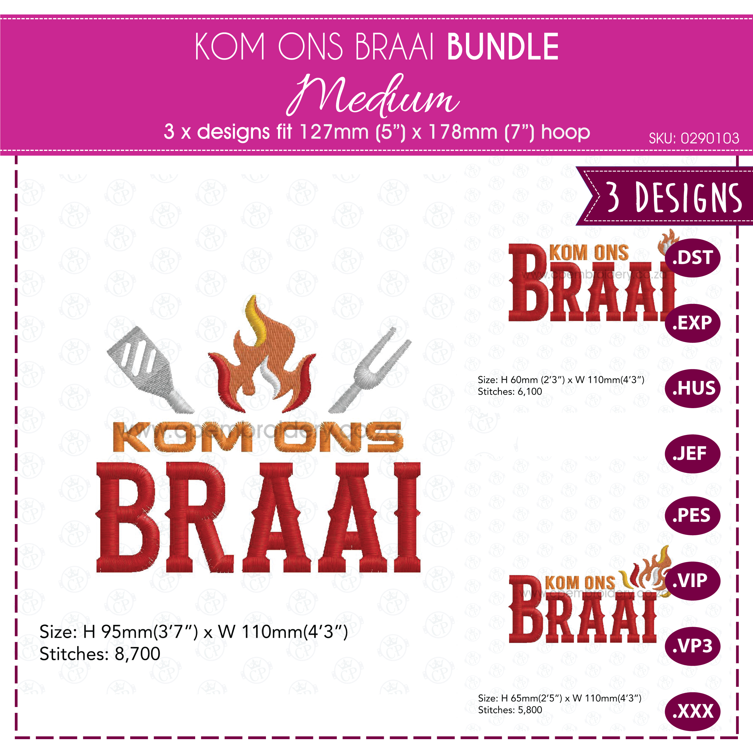 Kom Ons Braai machine embroidery design bundle – Medium size. Includes three Afrikaans braai-themed embroidery designs that fit a 5x7inch hoop, shown stitched on red and black fabric with bold red ‘BRAAI’ lettering, yellow ‘Kom Ons’ text, and a small flame icon.