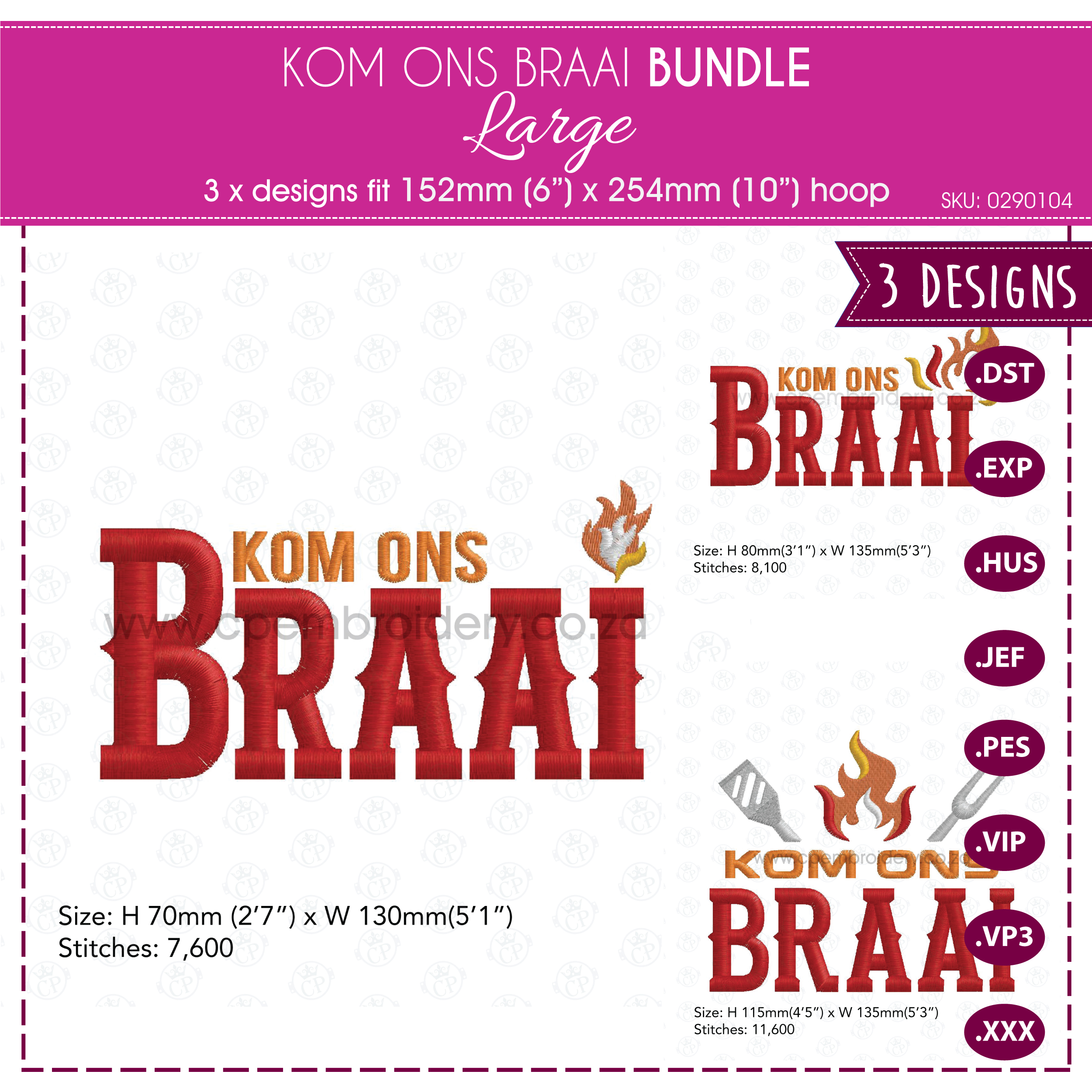 Kom Ons Braai machine embroidery design bundle – Large size. Includes three Afrikaans braai-themed embroidery designs that fit a 6x10inch hoop, shown stitched on red and black fabric with bold red ‘BRAAI’ lettering, yellow ‘Kom Ons’ text, and a small flame icon.