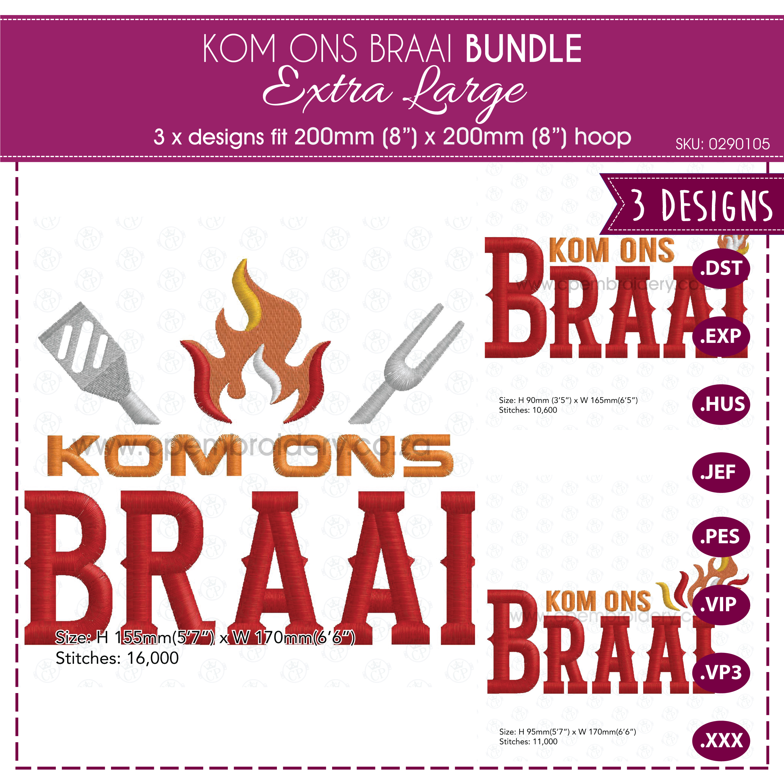 Kom Ons Braai machine embroidery design bundle – Extra Large size. Includes three Afrikaans braai-themed embroidery designs that fit a 8x8inch hoop, shown stitched on red and black fabric with bold red ‘BRAAI’ lettering, yellow ‘Kom Ons’ text, and a small flame icon.