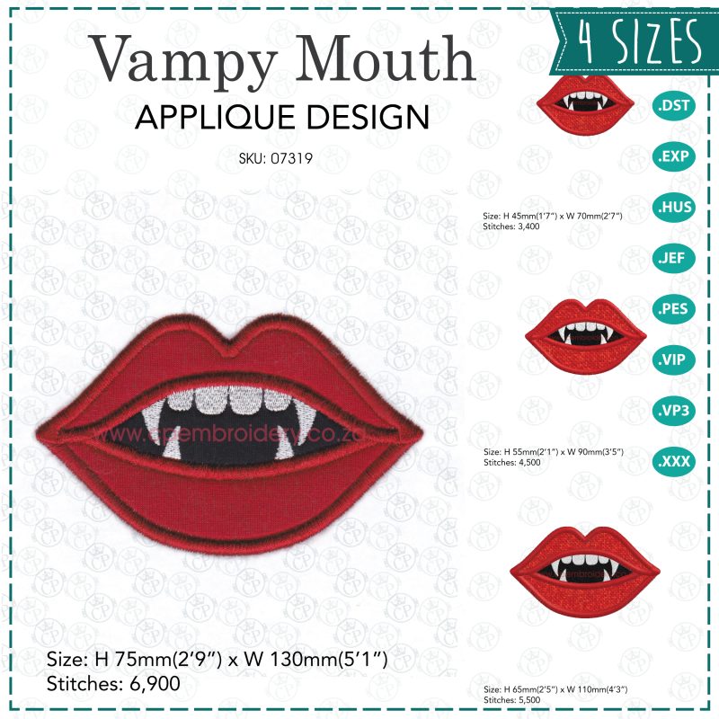 red lips pointy teeth vampire lady girl woman mouth smiling vampy applique mask embroidery design