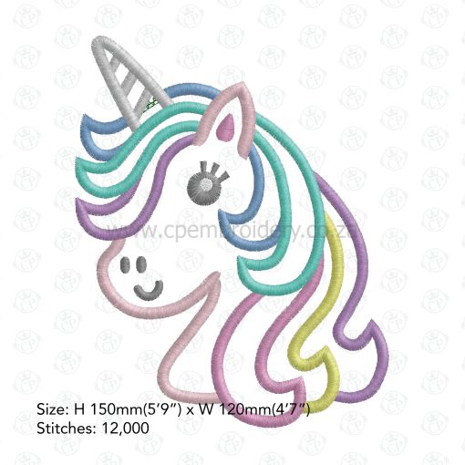pastel color main mane unicorn one horned horse embroidery design applique 8 x 8 inch
