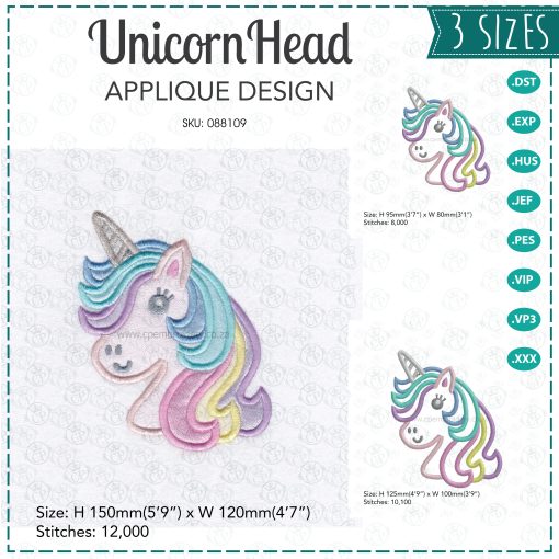 pastel color main mane unicorn one horned horse embroidery design applique 4 x 4 inch