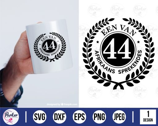 trots lid van 44 afrikaans sprekendes wreath Charlize South African sayings circular badge cutting file cut file cutting machine laser cut machine cricut silhouette mockup mug hand arm
