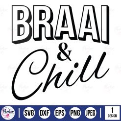 white capital letters braai word with black shadow and chill black cursive clipart