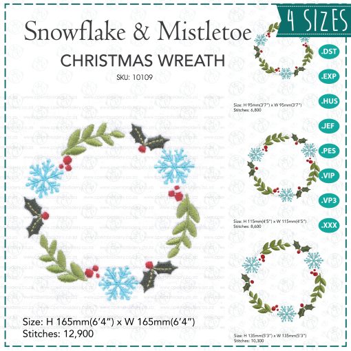 Christmas, snowflake and mistletoe embroidery wreath, digital design in 4 sizes, Afrikaans, Kersfees, borduurpatroon, borduurontwerp