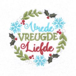 Christmas, snowflake, mistletoe, wreath, digital embroidery files, embroidery design, Kersfees krans, sneeuflokkie, borduurpatroon, borduurontwerpVrede Vreugde Liefde Afrikaans