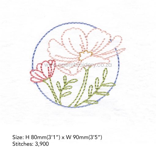 single stitch outline two flower cosmos green leaves circle background embroidery design pattern file for machines 4" x 4" frame