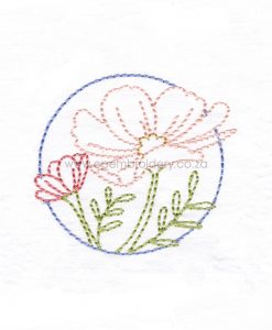 single stitch outline two flower cosmos green leaves circle background embroidery design pattern file for machines 1303