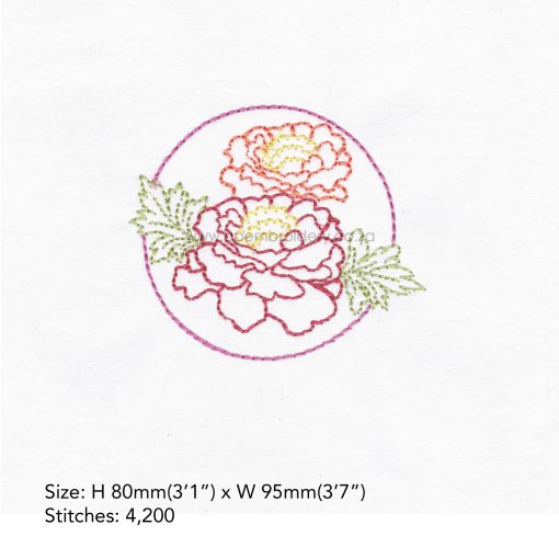single stitch outline two flower marigolds red orange green leaves circle background embroidery design pattern file for machines 4" x 4" frame