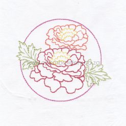 single stitch outline two flower marigolds red orange green leaves circle background embroidery design pattern file for machines