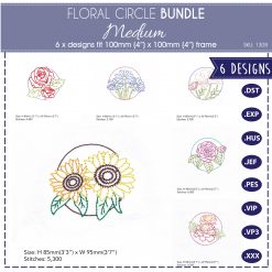 bundle pack medium flowers in circle outlined outline simple single stitch rose cosmos sunflower daisy camillia marigold floral decorative quilt blocks