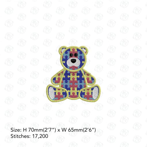sit sitting colored colorful puzzle detail puzzled teddy bear embroidery design support autism awareness small