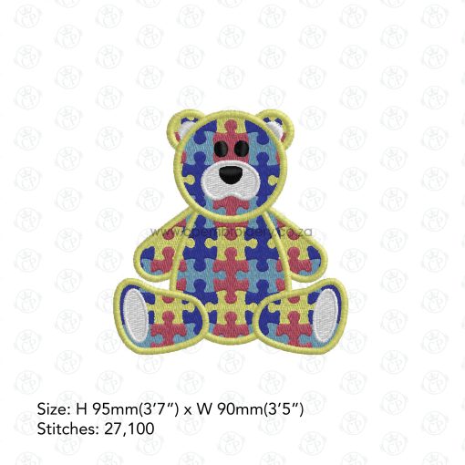 sit sitting colored colorful puzzle detail puzzled teddy bear embroidery design support autism awareness medium