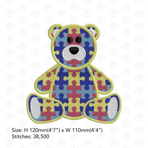 sit sitting colored colorful puzzle detail puzzled teddy bear embroidery design support autism awareness large