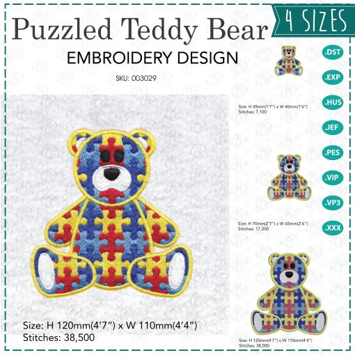 sit sitting colored colorful puzzle detail puzzled teddy bear embroidery design support autism awareness set pack 4 sizes