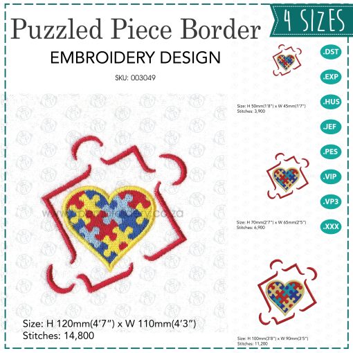 colored colorful puzzle detail puzzle piece border puzzled heart middle embroidery design support autism awareness set pack sizes