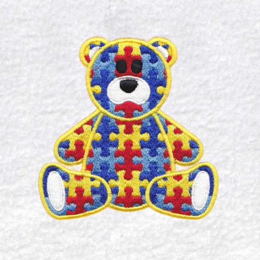 sit sitting colored colorful puzzle detail puzzled teddy teddie bear embroidery design support autism awareness sizes large medium small feltie