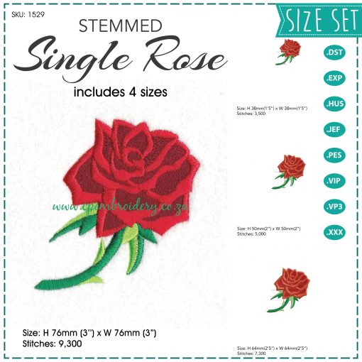 red abstract rose stem stemmed green leaf leaves thorn rose machine embroidery design set pack 4 sizes