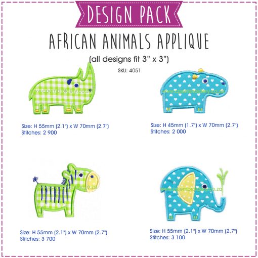 embroidery design pattern for machine pack small rhino hippo zebra elephant applique