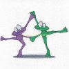 dancing green friendly smiling frog pair holding hands leg up purple lilac green