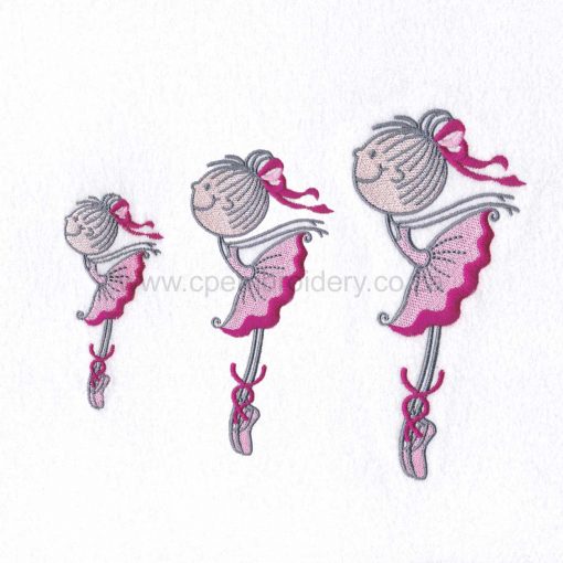 sticky ballerina pink both arms back side profile ribbons in hair embroidery design set of 3 sizes