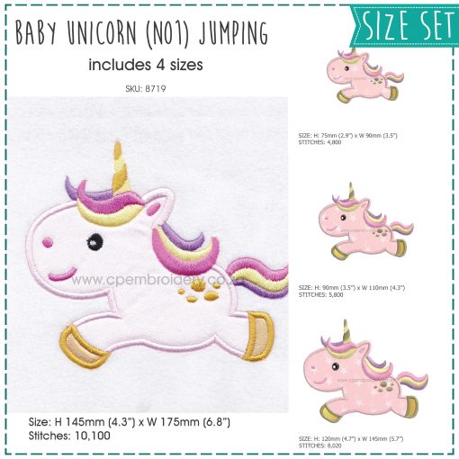 baby pony unicorn one horn mythical horse jumping number 1 machine embroidery download design size set