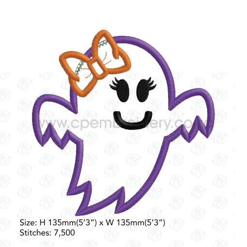friendly smiling halloween funny ghost purple lilac orange bo ribbon girl number 1 one applique machine embroidery download design file pattern large