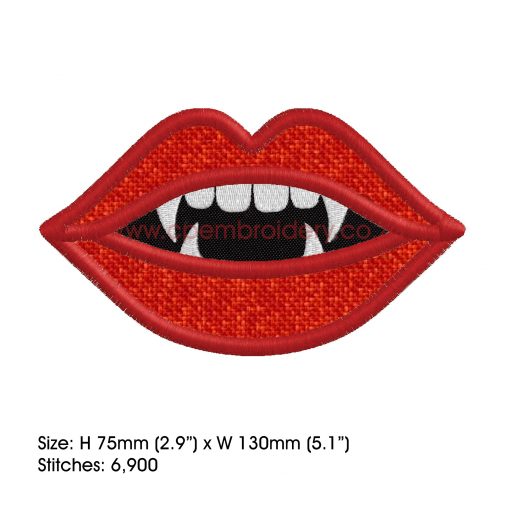 red lips pointy teeth vampire lady girl woman mouth smiling vampy applique mask embroidery design