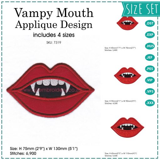 red lips pointy teeth vampire lady girl woman mouth smiling vampy applique mask embroidery design