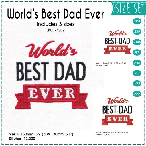 red letter world best dad father's day banner red wording embroidery pattern for machines set of 3 sizes