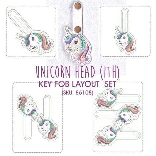 colored hair one horned pony horse unicorn key chain fob snap tab embroidery design pattern for machines