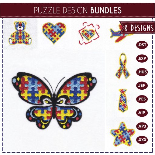Image showing 8 unique machine embroidery designs with puzzle piece details to support autism awareness. The designs include: a butterfly, teddy bear, heart, heart with border, tie, star, support ribbon, and another tie, all featuring puzzle patterns.